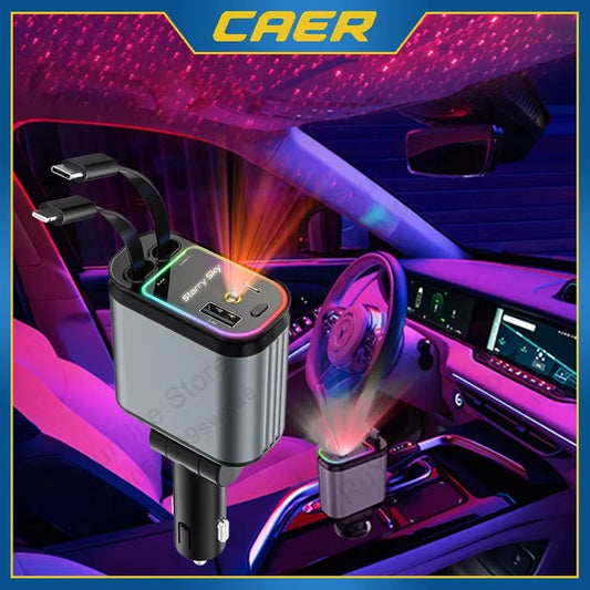 4-in-1 Retractable Car Charger with LED Starry Sky Projector